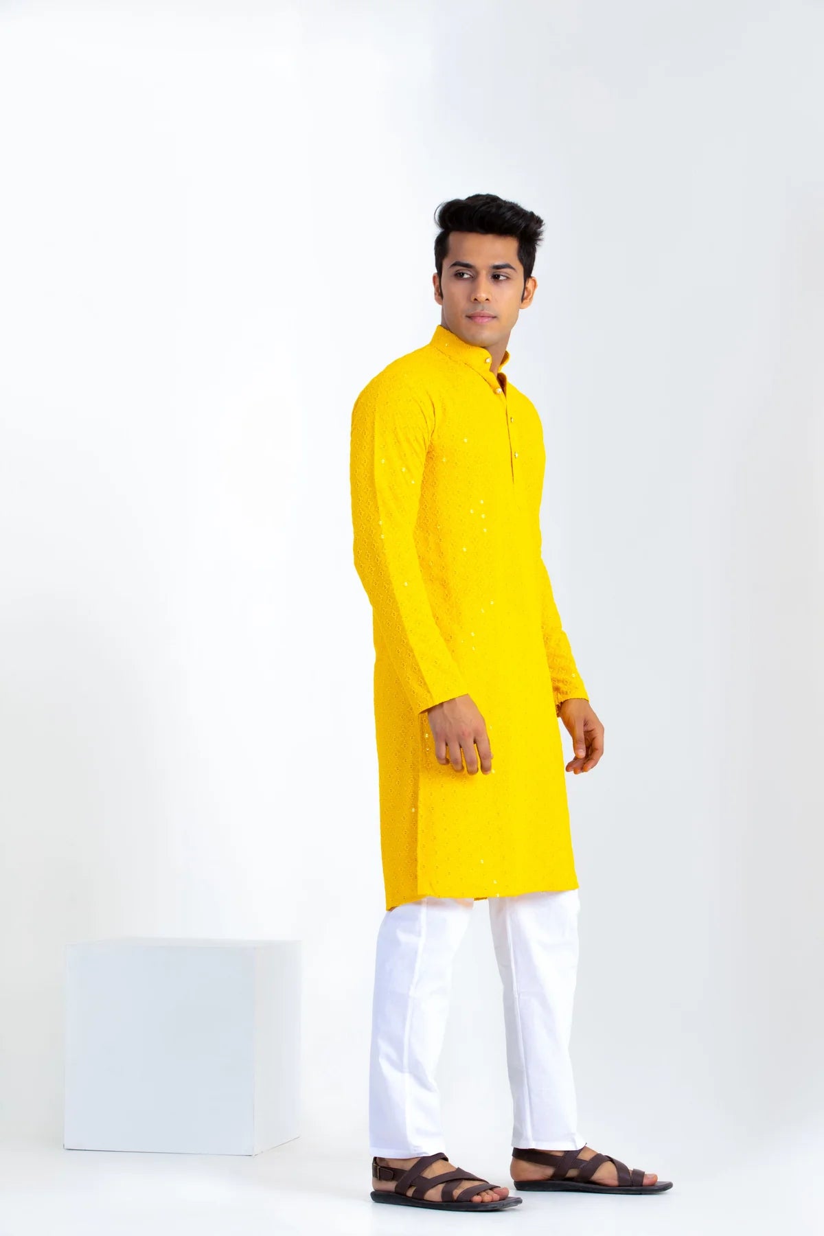 Bare Essential Lakhnavi Chikankari Sequin Work Cotton Kurta For Men Haldi Yellow