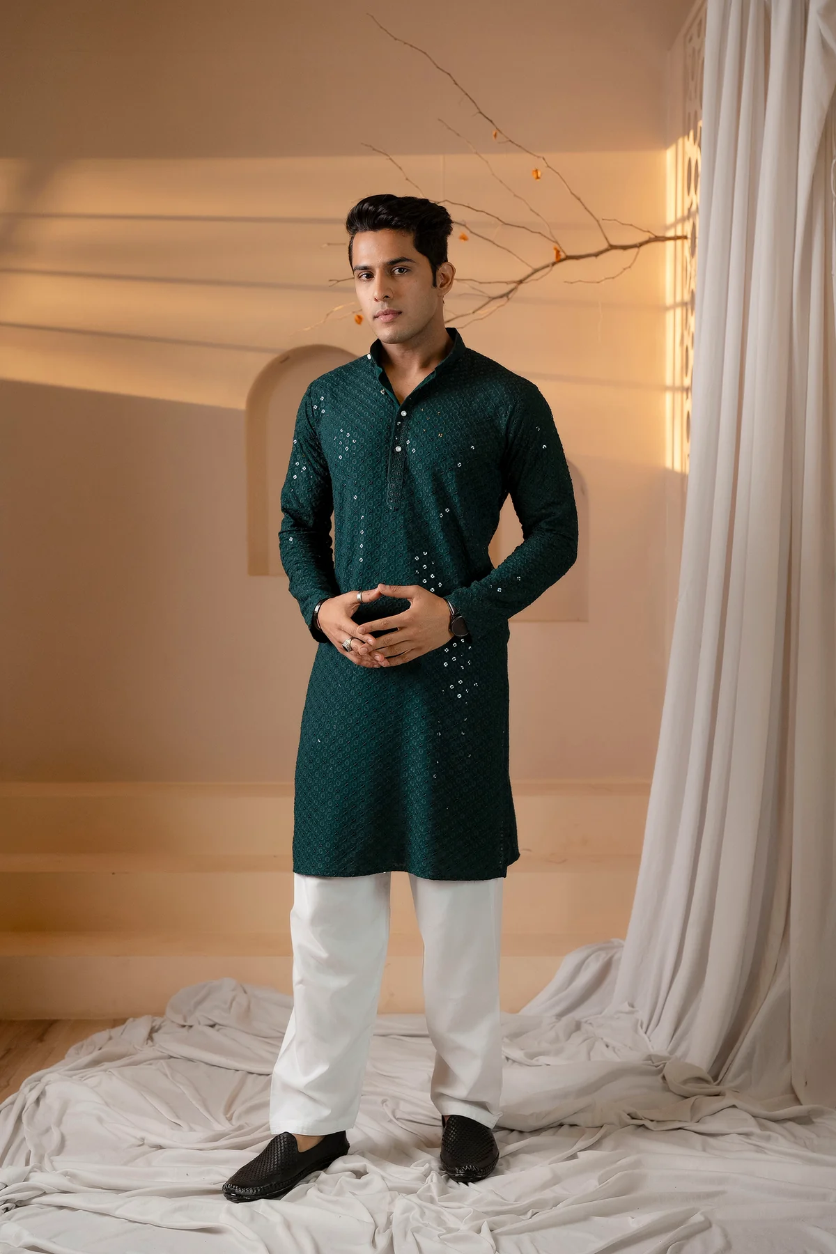 Bare Essential Lakhnavi Chikankari Sequin Work Cotton Kurta For Men Bottle Green