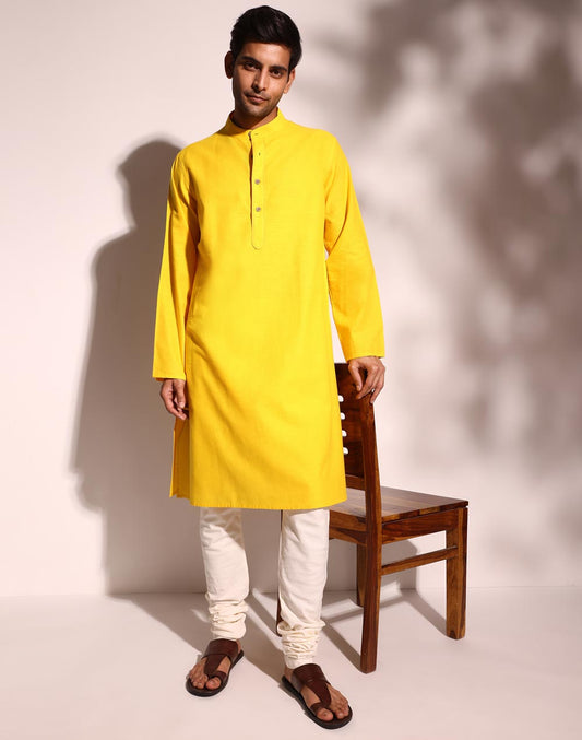 BAREESSENTIAL YELLOW COTTON COMFORT FIT LONG KURTA - Bare Essential