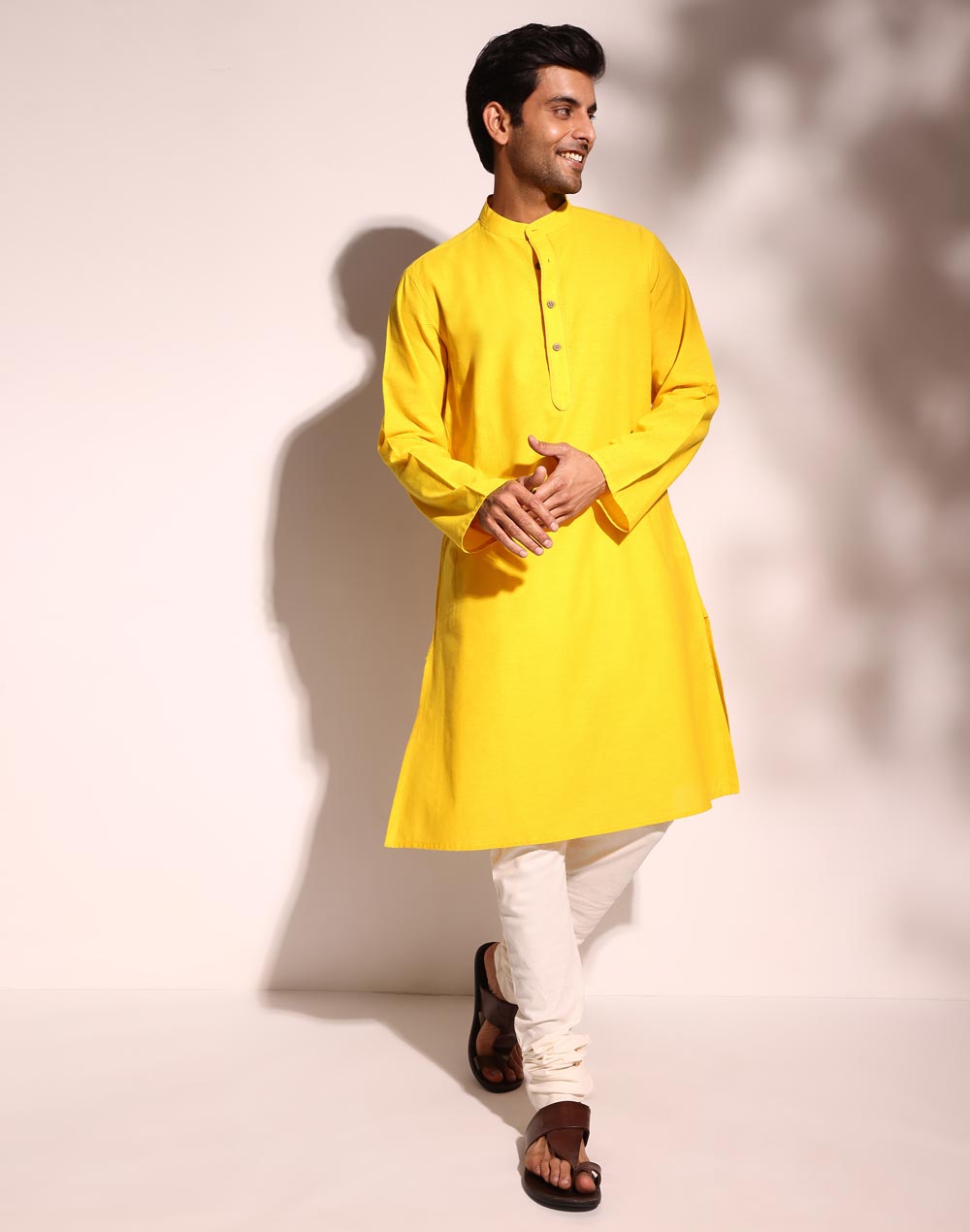 BAREESSENTIAL YELLOW COTTON COMFORT FIT LONG KURTA - Bare Essential