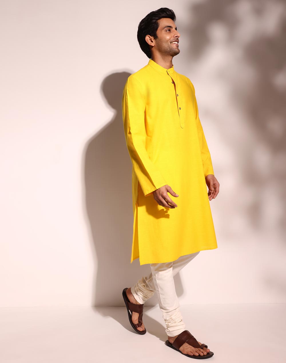 BAREESSENTIAL YELLOW COTTON COMFORT FIT LONG KURTA - Bare Essential