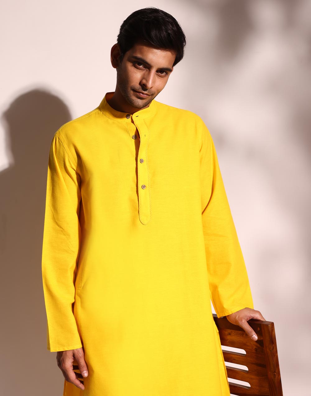 BAREESSENTIAL YELLOW COTTON COMFORT FIT LONG KURTA - Bare Essential